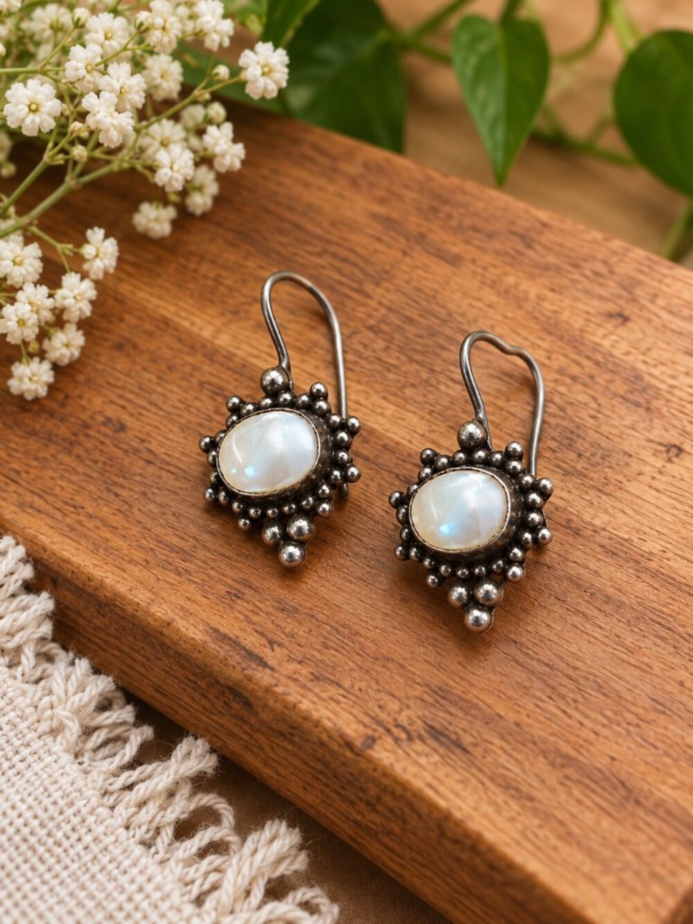 Boho Silver-Tone Iridescent Cabochon Drop Earrings